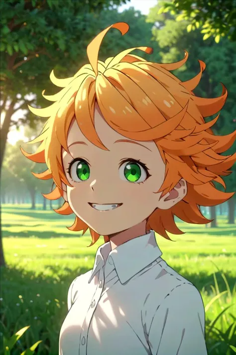 <lora:neverland-emma-000008:0.7>
a girl neverland_emma standing on a beautiful green field with trees in the background,
she has green eyes, short hair and wears a long sleeved white collared shirt, she has orange hair
she has a bright smile,
the sun is setting,
The soft lighting and detailed surroundings create an immersive environment where imagination runs wild hyper-detailed,
hyper-detailed face, high quality visuals, dim Lighting, sharply focused, octane render, 8k UHD