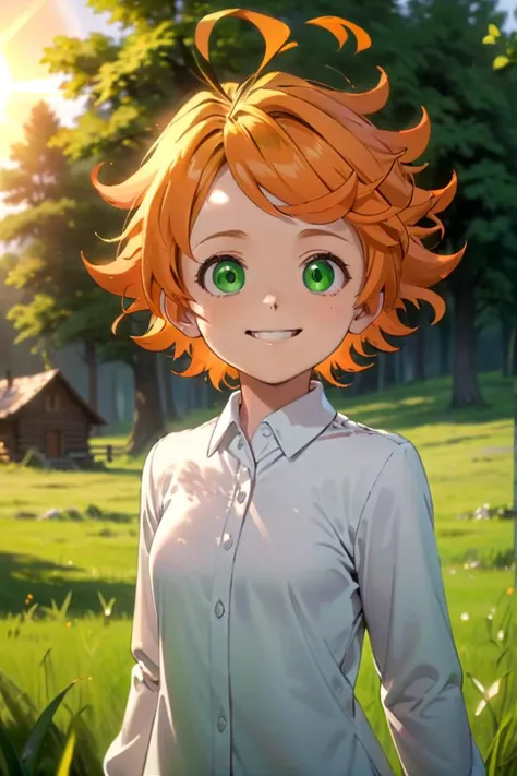 <lora:neverland-emma-000008:0.7>
a girl neverland_emma standing on a beautiful green field with trees in the background,
she has green eyes, short hair and wears a long sleeved white collared shirt, she has orange hair
she has a bright smile, a wooden cabin is in the background
the sun is setting, 
The soft lighting and detailed surroundings create an immersive environment where imagination runs wild hyper-detailed,
hyper-detailed face, high quality visuals, dim Lighting, sharply focused, octane render, 8k UHD