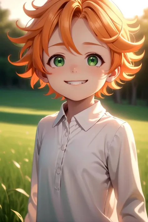 <lora:neverland-emma-000008:0.7>
a girl neverland_emma standing on a beautiful green field with trees in the background,
she has green eyes, short hair and wears a long sleeved white collared shirt, she has orange hair
 she has a bright smile,
 the sun is setting,
The soft lighting and detailed surroundings create an immersive environment where imagination runs wild hyper-detailed,
hyper-detailed face, high quality visuals, dim Lighting, sharply focused, octane render, 8k UHD