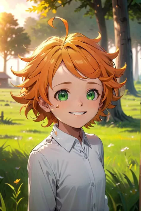 <lora:neverland-emma-000008:0.7>
a girl neverland_emma standing on a beautiful green field with trees in the background,
she has green eyes, short hair and wears a long sleeved white collared shirt, she has orange hair
she has a bright smile, a wooden cabin is in the background
the sun is setting, 
The soft lighting and detailed surroundings create an immersive environment where imagination runs wild hyper-detailed,
hyper-detailed face, high quality visuals, dim Lighting, sharply focused, octane render, 8k UHD