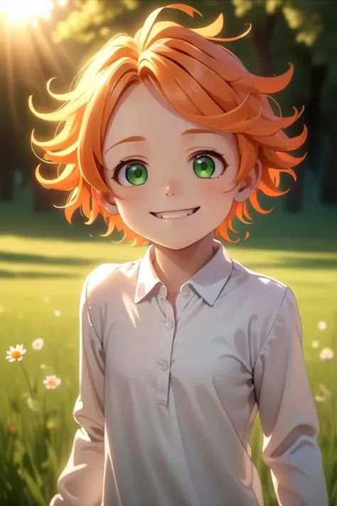 <lora:neverland-emma-000008:0.7>
a girl neverland_emma standing on a beautiful green field with trees in the background,
she has green eyes, short hair and wears a long sleeved white collared shirt, she has orange hair
 she has a bright smile,
 the sun is setting,
The soft lighting and detailed surroundings create an immersive environment where imagination runs wild hyper-detailed,
hyper-detailed face, high quality visuals, dim Lighting, sharply focused, octane render, 8k UHD