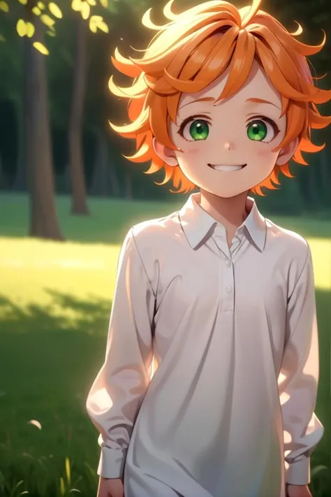 <lora:neverland-emma-000008:0.7>
a girl neverland_emma standing on a beautiful green field with trees in the background,
she has green eyes, short hair and wears a long sleeved white collared shirt, she has orange hair
 she has a bright smile,
 the sun is setting,
The soft lighting and detailed surroundings create an immersive environment where imagination runs wild hyper-detailed,
hyper-detailed face, high quality visuals, dim Lighting, sharply focused, octane render, 8k UHD