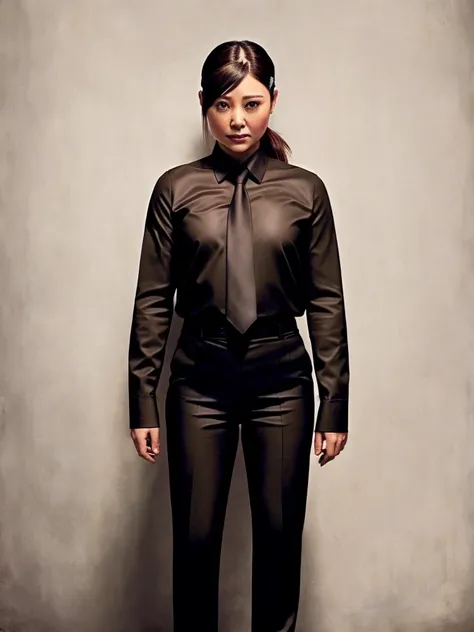 (masterpiece,best quality:1.1),ultra-detailed, illustration, official art, dramatic light,
(photorealistic:1.35),(mature female:1.5),(mlif:1.4),
1girl, solo,
(sfw),(brown eyes),
black necktie, white collared shirt, braids, black pants, belts, hairpin,
<lora:kobeni_v10:1> <lora:Lora_guodegangv1:1>