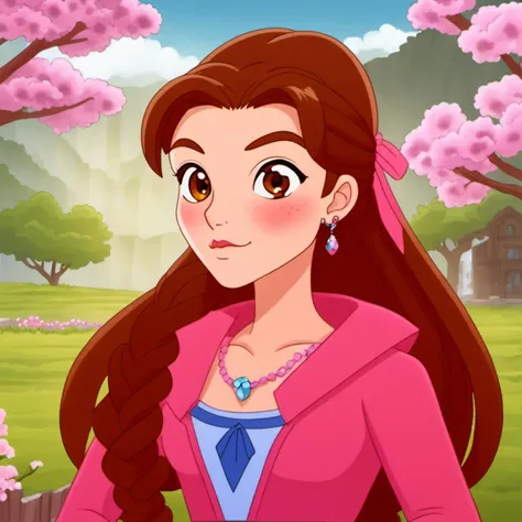 cartooneffects two, 1girl, solo, long hair, looking at viewer, brown hair, dress, bow, ribbon, jewelry, sitting, green eyes, jacket, hair ribbon, braid, flower, parted lips, blurry, bracelet, lips, pink dress, red jacket, cropped jacket, braided ponytail, long dress