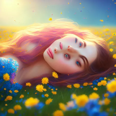 young adult girl lying on her back in a flower field, smiling, 1 ((European)) girl among colorful vanilla flowers forming a flowery circle around the head, pale skin, brown hair, blue eyes, side view, (unity 8k wallpaper, ultra detailed, masterpiece, best quality, official art, beautiful and aesthetic:1.2), photography, realistic <lora:mj_style_1:1>