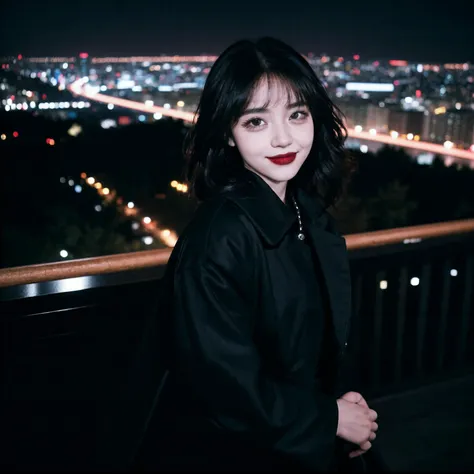 professional photography, gothgirl, solo, hill, city in background, city below, black coat, black silk skirt, eyeliner, looking at viewer, light smile, joy, night, dynamic composition, instant photo, polaroid, highly detailed, 8k uhd, dslr, soft lighting, high quality, film grain <lora:gothgirl:0.5>