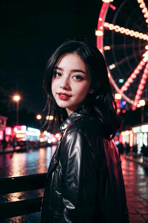 1girl, pale skin, eyeliner, long black hair, looking at viewer, light smile, joy, beautiful face, black coat, winter, ferris wheel, neon lights, night, clear sky, vibrant colors, vibrant details, dynamic composition, photorealistic, highly detailed, intricate details, colorful background, rim lights, dslr, soft lighting, film grain, cinematic, 8k, <lora:gothgirl:0.8> gothgirl, best quality, masterpiece