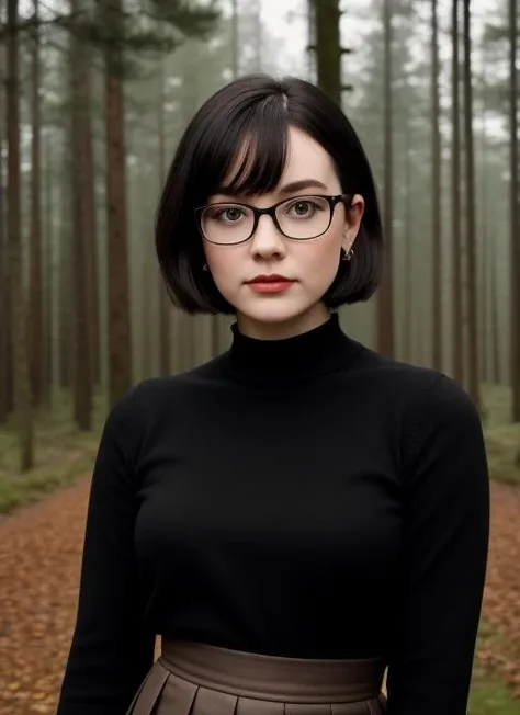 (masterpiece:1.2, best quality:1.2, beautiful, high quality, highres:1.1, aesthetic), perfect face, perfect eyes, Velma_Dinkley 18 years old, glasses, black sweater, black short pleated skirt, brown eyes, black hair, short haircut, gothgirl, choker, eyeshadow, poker face, <lora:gothgirl:0.8>, forest in the background, blurred background, gloomy vision, dramatic lighting