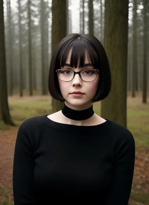 (masterpiece:1.2, best quality:1.2, beautiful, high quality, highres:1.1, aesthetic), perfect face, perfect eyes, Velma_Dinkley 18 years old, glasses, black sweater, black short pleated skirt, brown eyes, black hair, short haircut, gothgirl, choker, eyeshadow, poker face, <lora:gothgirl:0.8>, forest in the background, blurred background, gloomy vision, dramatic lighting