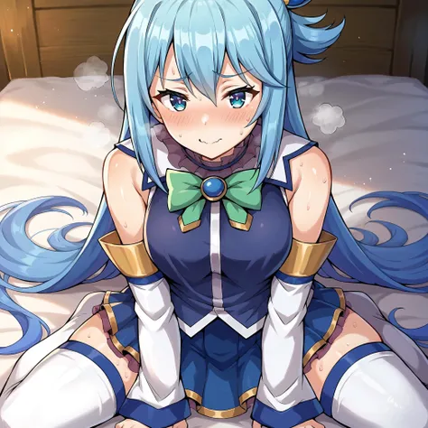 score_9, score_8_up, score_7_up, score_6_up, score_5_up, score_4_up, BREAK source_anime,POV,on bed,sitting(blush,steam,sweat:1.3) <lora:Aqua_konosuba_V1:0.8> aqua /(konosuba/), long hair, blue eyes, hair ornament, very long hair, blue hair, hair rings, single hair ring,blue skirt, blue shirt, thighhighs, bare shoulders, detached sleeves, white thighhighs, green bow