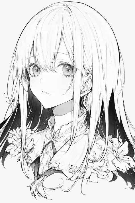 monochrome, solo, long hair, 1girl, greyscale, looking at viewer, white background, simple background, bangs ,
///////////<lora:hitokomorustyle:2>