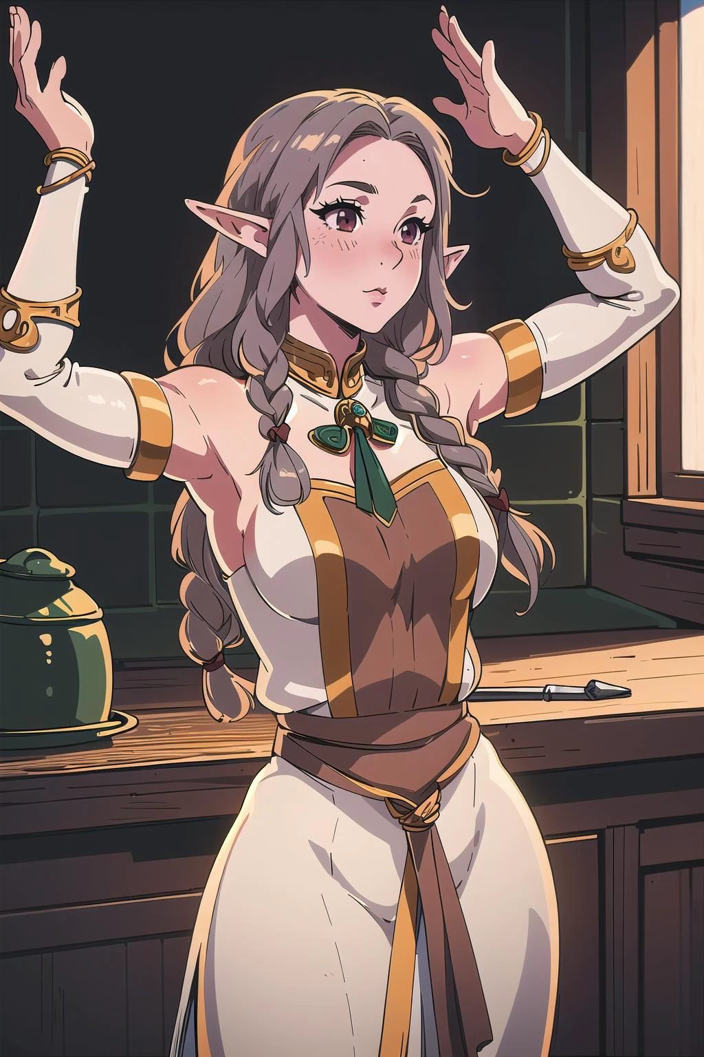 (masterpiece, best_quality, ultra-detailed, immaculate:1.3), epic, illustration, welcoming, 1girl, witch, elf, brown hair, Rat Tail,low-braided long hair, in a kitchen, in a smithy, bombshell hair, vivid silver hair, hair ribbon,Sugar and Spice Curls, jojo pose<lora:EnvyBeautyMix16:1>