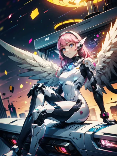 ((masterpiece, best quality, extremely detailed), volumetric lighting, ambient occlusion, colorful, glowing),
1girl, solo, young girl, (pink hair), long hair, halo, aura, sacred, godness, cyber suit, (white outfit:1.3), android, bot, angel wings,
outdoors, sunset, sky, clouds, space,
(cyberpunk theme:1.2), half body, close up, sitting, closed legs,
<lora:Add Detail:0.6>, <lora:Beautiful Detailed Eyes:0.6>,