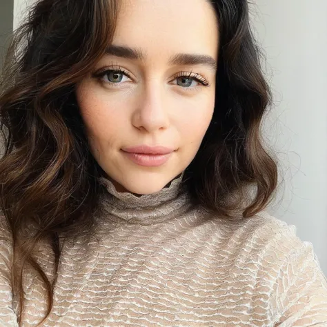 Looking straight at the camera, skin texture, Instagram closeup selfie of a woman with beautiful wavy hair,f/1.8,wearing a tutleneck shirt,  emxclrke, <lora:emclarke_juggerX_xl_2_st_wocap-emxclrke-000025:1>