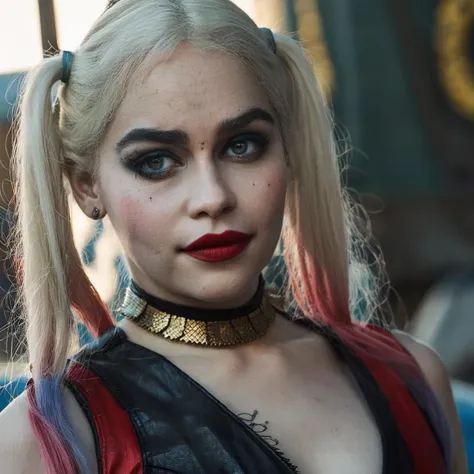 High res closeup portrait photo of an actress dressed as Harley Quinn, f /2.8, Canon, 85mm,cinematic, high quality, skin texture, looking at the camera, ,emxclrke,  <lora:emclarke_juggerX_xl_2_st_wocap-emxclrke-000025:1>