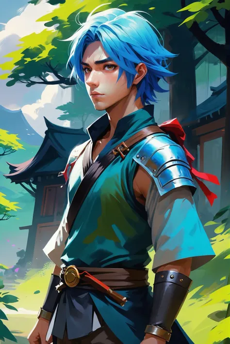 soft digital painting, smooth blending, anime style, (full body:1.2), 1boy, man, bishounen, solo, [:epic costume design,:0.2] warrior, korean, vivid mediumslateblue hair, (average:1) build,quaint fantasy settlement in a Cloud Forest<lora:EnvyStarlightJourneysEnd01:1>