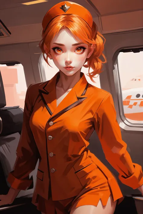 soft digital painting, smooth blending, anime style, 1girl, woman, (desperate flight attendant waitress:1.3), saddlebrown eyes, (silk pajamas, hip vent:1.2) [:seductive, outlandish costume design:0.2], bombshell hair, glowing color:orange hair, Ballerina Bun, light orangered clothes, thick thighs, narrow waist, caucasian<lora:EnvyStarlightJourneysEnd01:1>