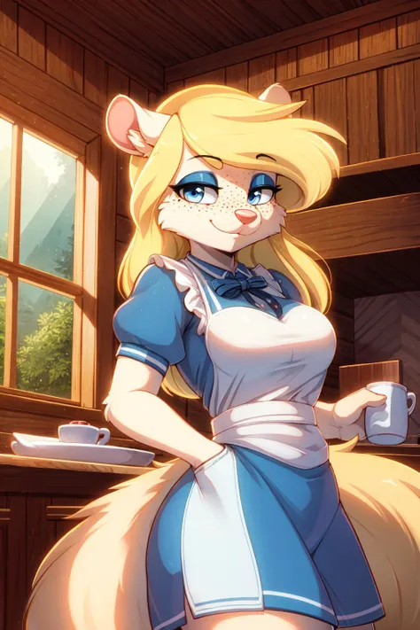 <lora:minerva-v1-novelai:1> minerva, medium breast,
(detailed blonde hair:1.4), (detailed perfect eyes:1.2), white fur, (detailed fluffy fur:1.2), perfect hourglass body, mink snout, (long fluffy blonde tail:1.3), beautiful black eyes, relaxed pose, looking at viewer,
(freckles:1.2), light smile,
serving coffee,
(masterpiece:1.2), (best quality:1.2), (intricate:1.2), (highly detailed:1.2), (sharp:1.2), (8k:1.2), (highres:1.2),
cinematic summer tropical lighting, vivid colors,
kitchen, wooden cabin,
window, forest, rain,
<lora:Yiffy_Model_2:0.6>
<lora:alice_in_wonderland_outfit-base-anylora-v1-1-1-000019_1_BiiIiMoOOo_WOF:1> aliceinwonderlandoutfit