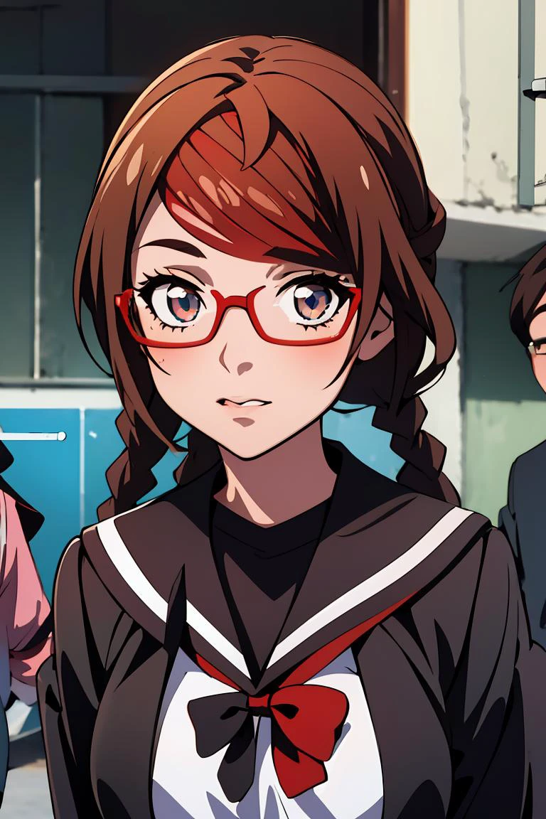 (masterpiece, best quality), 1girl, <lora:Misaki_SakimiyaNDV:1> MisakiSakimiyaNDV, large breasts, glasses, streaked hair, twin braids, school uniform, red-framed eyewear, looking at viewer