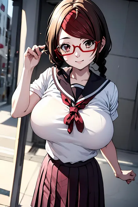(masterpiece, best quality), 1girl, <lora:Misaki_SakimiyaNDV:1> MisakiSakimiyaNDV, large breasts, glasses, streaked hair, twin braids, school uniform, red-framed eyewear, looking at viewer