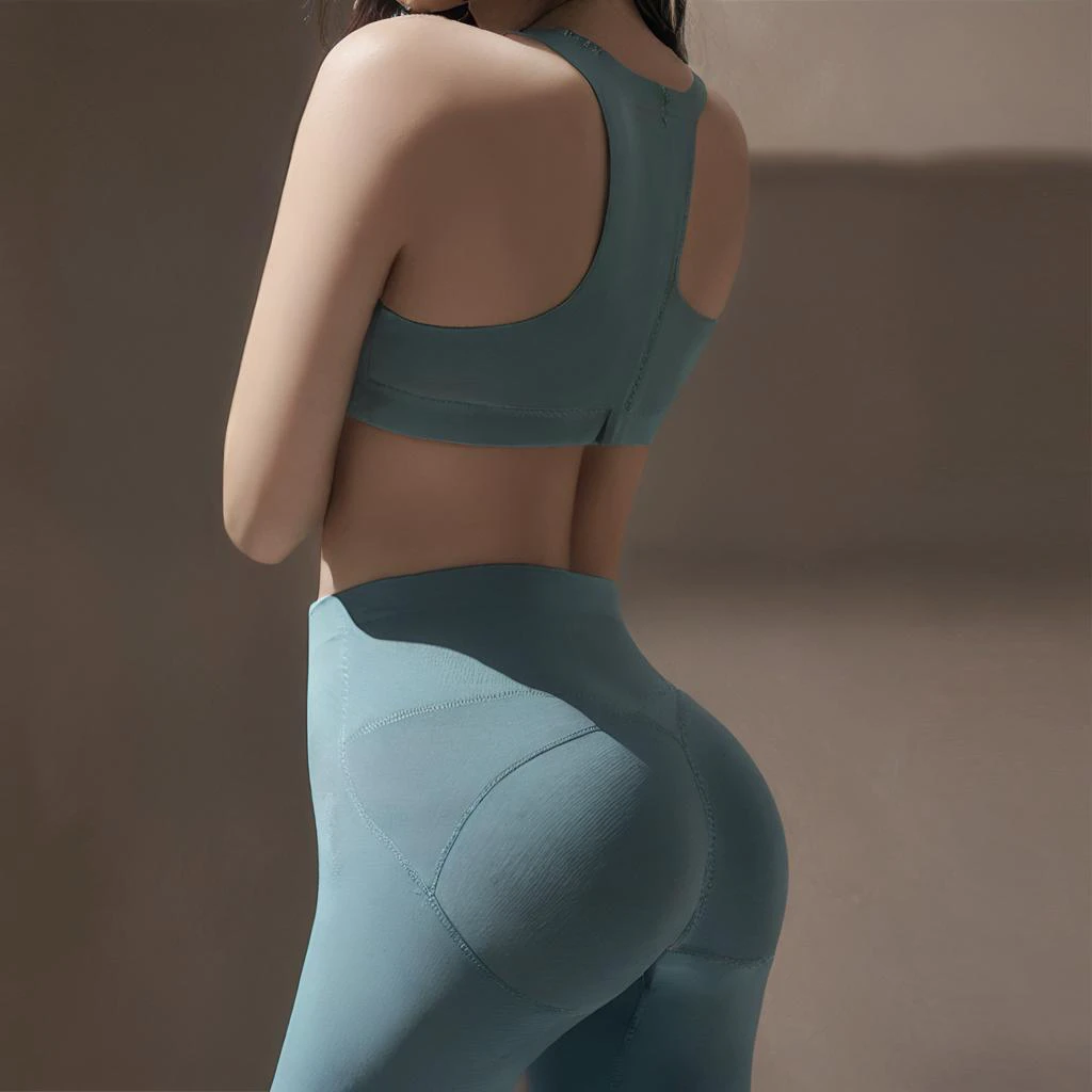 (8K、超A high resolution、The ultra -The high-definition、An ultra-high picture quality、Ultrarealistic、Best Quality、masuter piece)(a Pretty Japanese woman、Long、huge tit、Pretty big breasts、toned body、Always hide all breasts:1.18)(Butt close-up、Must do gravure pose:1.ga Wear、Sportsbra、yoga pant、grey leggings、Always have panty lines、big butts:1.2)Cute smile、Glass-walled yoga studio