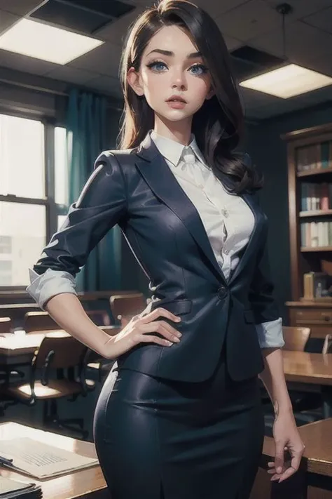 1woman ,perfect blue eyes, office outfit, files, table, room, ((small breast)),((beautiful face)),(((best quality, masterpiece))),(((realistic)))