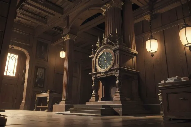 clock, epic, mysterious, night, dark, intricate details, greater detailed composition, studio ghibli anime, beautiful, intricate details. 8K resolution, (best quality:1.3), (masterpiece:1.3),