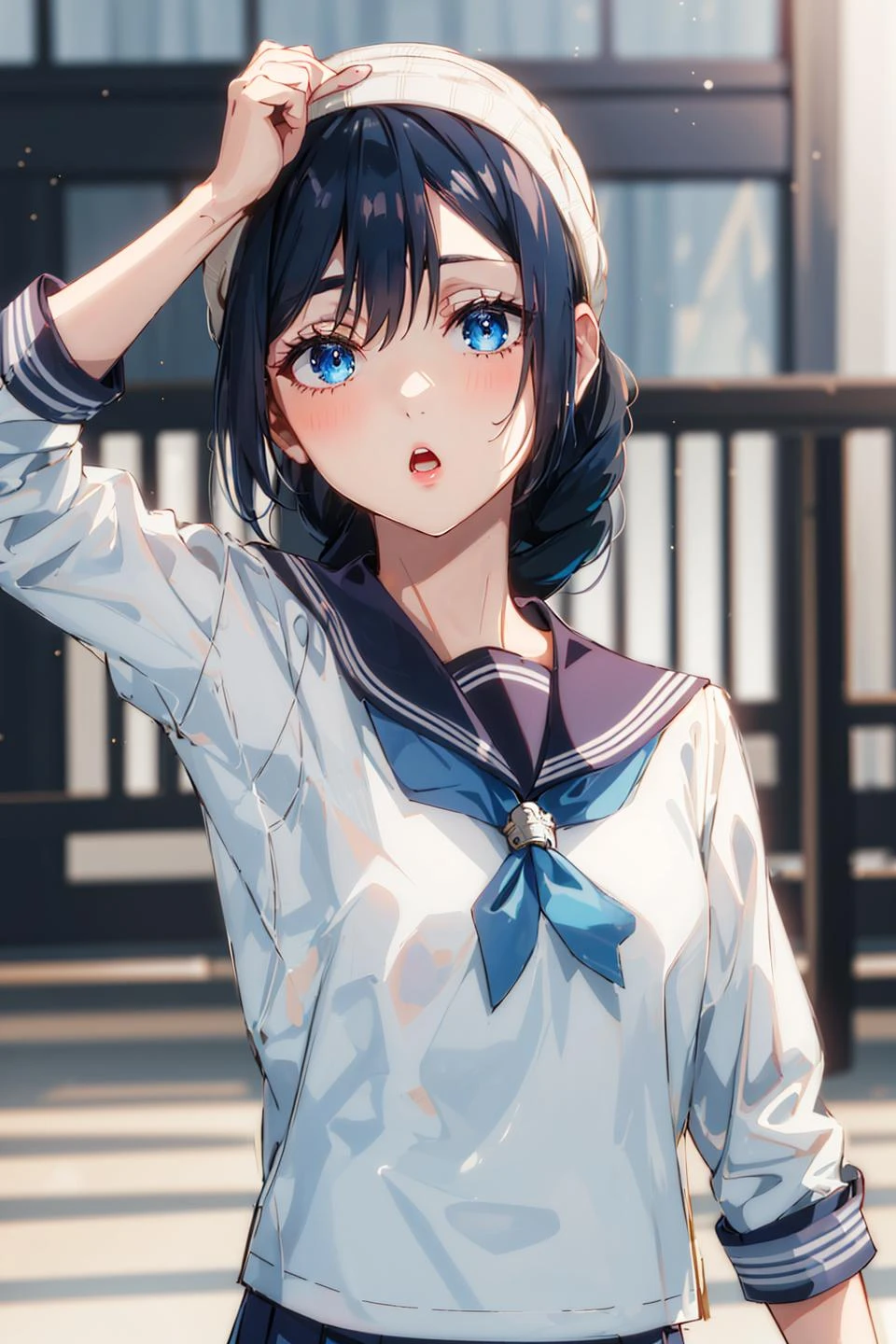 1girl, AmanaiRiko, solo, school_uniform, sailor_collar, serafuku, letterboxed, braid, blue_sailor_collar, looking_at_viewer, long_hair, upper_body, open_mouth, parted_lips, bangs, :o, shirt <lora:chara_AmanaiRiko:0.8>