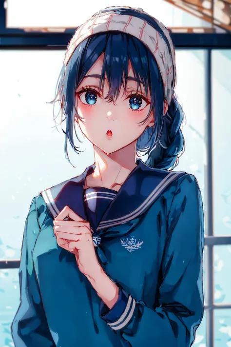 1girl, AmanaiRiko, solo, school_uniform, sailor_collar, serafuku, letterboxed, braid, blue_sailor_collar, looking_at_viewer, long_hair, upper_body, open_mouth, parted_lips, bangs, :o, shirt <lora:chara_AmanaiRiko:0.8><lora:style_Hiten_3.0:0.8>