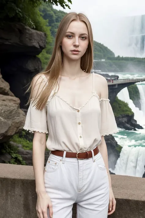 European woman, full_body , sandals, (shirt), pants, (niagara falls), (ZM_aurora: 1.1), wide shoulders, perfect face, (contact iris: 1.1), pale skin, skin pores , depth of field