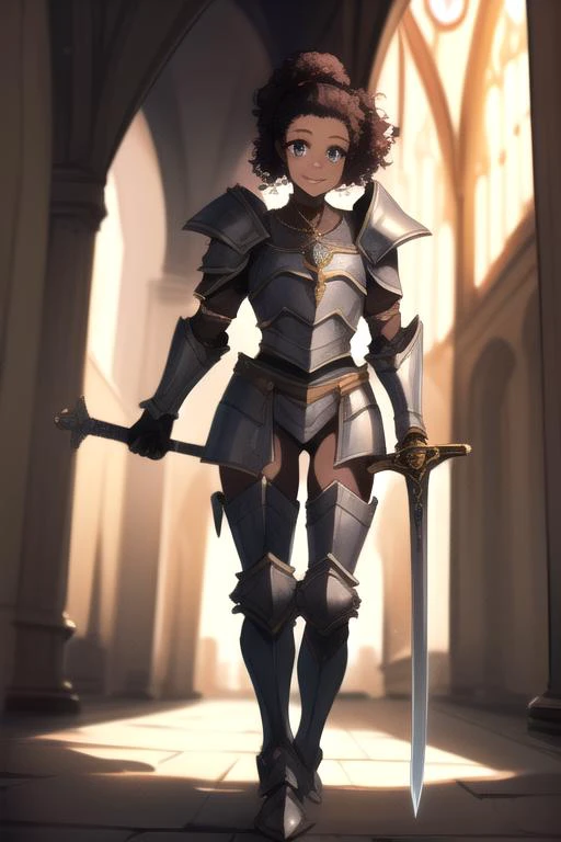 (masterpiece, best quality:1.3), perfect anatomy, (dark-skinned_female:1.2)  <lora:Kinomi Ebony Anime:1>, (establishing shot full body eye contact:1.3), solo 1girl 20 year old women, fancy detailed beautiful open stone church courtyard wearing knights crusader's templar armor no helmet practicing with sword, Catholic décor cross necklace, (happy smile lush lips), detailed beautiful face, beautiful fierce amethyst eyes, chin-length curly hair ponytail, chiaroscuro, volumetric lighting, volumetric shading, high resolution, extreme detail