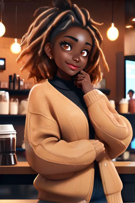<lora:ebonyanime:0.8>, dark-skinned_female, woman wearing oversized sweater and jeans, coffee shop || masterpiece, perfect quality, sharp focus, shallow depth of field, 8k