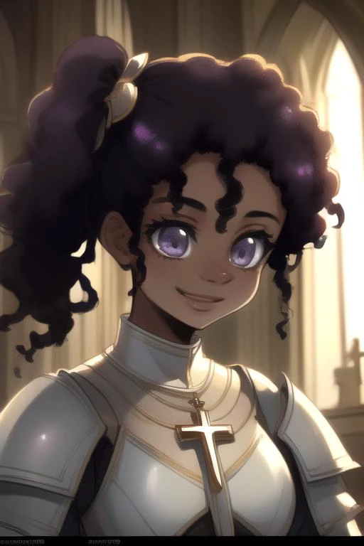 (masterpiece, best quality:1.3), perfect anatomy, (dark-skinned_female:1.3) <lora:Kinomi Ebony Anime:1>, (establishing shot viewing 20° horizontally, facing straight eye contact:1.3), solo 1girl 20 year old women, fancy detailed beautiful stone church, wearing knights crusader armor no helmet, (cross necklace), Catholic décor, (closed mouth smile lush lips), detailed beautiful face, beautiful amethyst eyes, chin-length curly hair fancy side ponytail, chiaroscuro, volumetric lighting, volumetric shading, high resolution, extreme detail