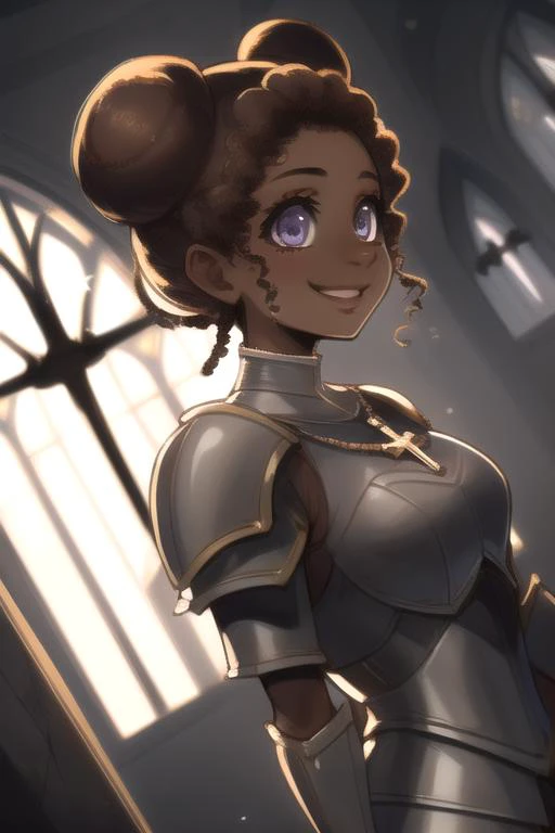 (masterpiece, best quality:1.3), perfect anatomy, (dark-skinned_female:1.3)  <lora:Kinomi Ebony Anime:1>, (establishing shot from side Dutch angle:1.3), solo 1girl 20 year old women, fancy detailed beautiful stone church, wearing knights crusader armor no helmet, cross necklace, raising hand touching large stone cross, Catholic décor, (happy closed smile lush lips), detailed beautiful face, beautiful fierce amethyst eyes, chin-length curly hair messy high bun, chiaroscuro, volumetric lighting, volumetric shading, high resolution, extreme detail