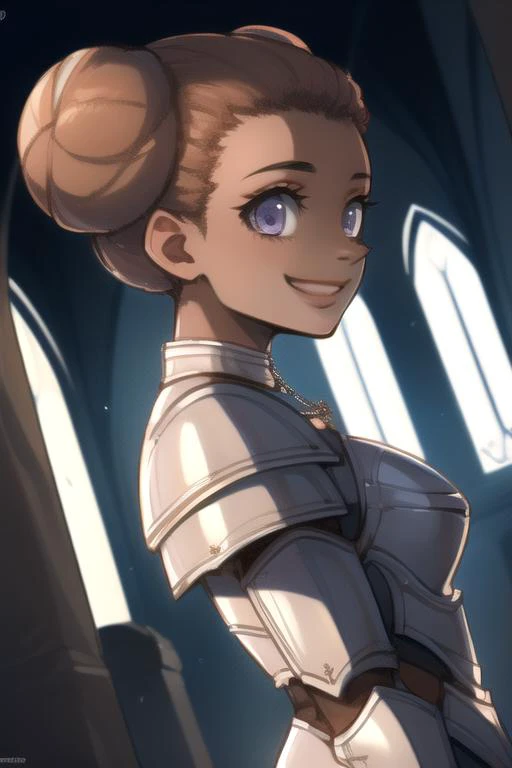 (masterpiece, best quality:1.3), perfect anatomy, (dark-skinned_female:1.3) <lora:Kinomi Ebony Anime:1>, (establishing shot from side Dutch angle:1.3), solo 1girl 20 year old women, fancy detailed beautiful stone church, wearing knights crusader armor no helmet, cross necklace, placing hand on large stone cross, Catholic décor, (happy closed smile lush lips), detailed beautiful face, beautiful fierce amethyst eyes, chin-length curly hair high bun, chiaroscuro, volumetric lighting, volumetric shading, high resolution, extreme detail