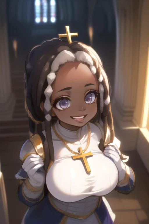 (masterpiece, best quality:1.3), perfect anatomy, (dark-skinned_female:1.3)  <lora:Kinomi Ebony Anime:1>, (establishing shot upper body high angle eye contact:1.3), solo 1girl 20 year old women huge breast, fancy detailed beautiful stone church, wearing knight crusader armor with full-body chainmail no helmet, kneeling, (Clasped hands held up praying:1.3), large silhouette of cross shadow over body, head tilted up, (cross necklace), Catholic décor, (smile showing teeth lush lips lip-gloss), detailed beautiful face, beautiful amethyst eyes, chin-length white messy tied-back dreadlocks, chiaroscuro, volumetric lighting, volumetric shading, high resolution, extreme detail, (badonkers, dobonhonkeros. massive dohoonkabhankoloos, tonhongerekoogers, bonkhonagahoogs. humungous hungolomghnonoloughongous)