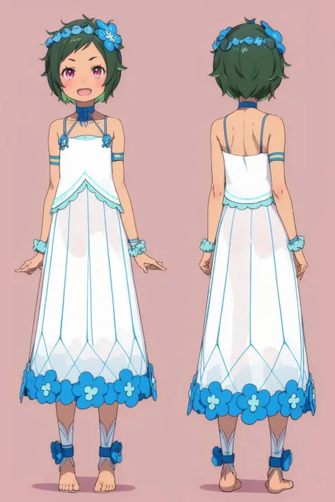 (multiple views:1.5),from behind,from_front,(pink background:1.3),(full body:1.4),arms at sides,<lora:add_detail:0.4>,<lora:colorful_V1_lbw:0.3>,open mouth,smirk,
å²æ¢é­å¥³ç¼ä¸°,1girl,solo,dark skinned female,short hair,blue flower,hair flower,hair ornament,female child,aged down,<lora:å²æ¢é­å¥³ç¼ä¸°1V:0.8>,
å¥è£ä¸,collarbone,choker,halterneck,white dress,sleeveless dress,flat chest,bare shoulders,armlet,wrist scrunchie,
anklet,, Exquisite visuals, high-definition,masterpiece,best quality,, Exquisite visuals,high-definition,masterpiece,best quality,18yo,Young female,Beautiful Fingers,Beautiful long legs,Beautiful body,Beautiful character design,white panties,