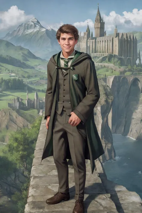 full body, windy, <lora:Sebastian Sallow - Hogwarts Legacy:0.8> 1boy, 18 years old, handsome, house robe, looking at viewer, sebsallow, smirk, suit, Hogwarts castle background, magical, Slytherin energy