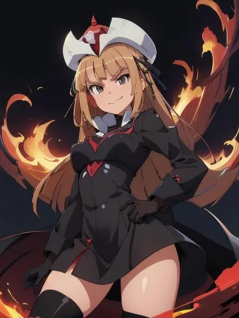 best quality, masterpiece, highres, detailed, digital artwork, <lora:Detail - add_detail:0.2>, ZChan, <lora:ZChan-09:0.9>, hat, black dress, black gloves, smug,