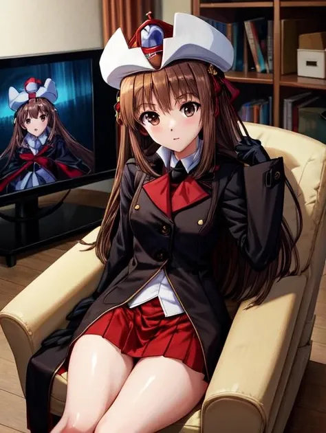 best quality, masterpiece, highres, detailed, digital artwork, <lora:Detail - add_detail:0.2>, ZChan, <lora:ZChan-09:0.9>, hat, black coat, red skirt, black gloves, brown hair, brown eyes, at home, watching TV, sitting down, hypnosis,