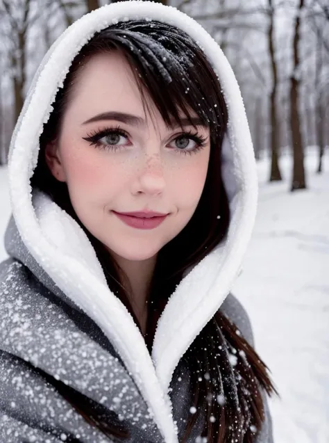 nananightray, (Beautiful), looking at viewer, Winter clothes, Jewelry, Snowy winter background, portrait, (depth of field, Bokeh), <lora:nananightray:0.7>
