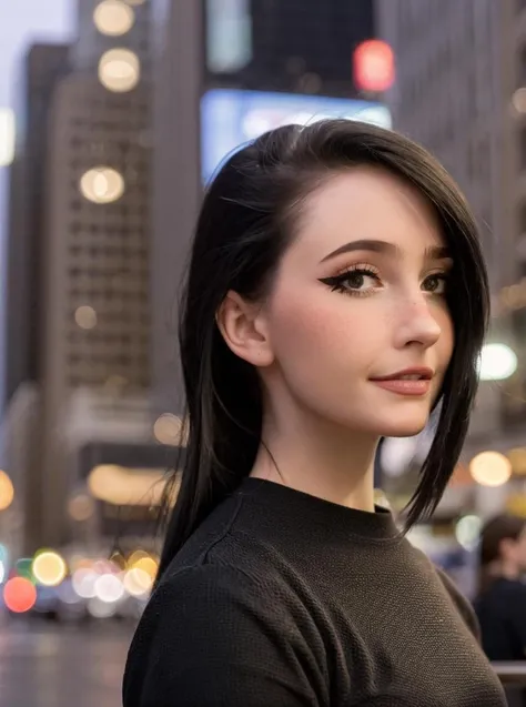 nananightray, (Beautiful), looking at viewer, black shirt, City background, portrait, looking forward, (depth of field, Bokeh), <lora:nananightray:0.7>