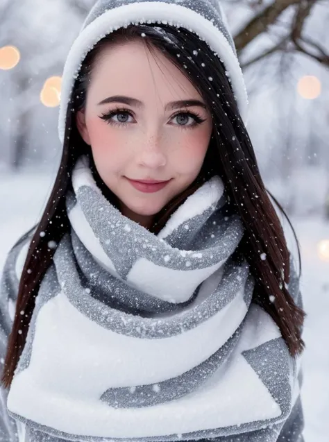 nananightray, (Beautiful), looking at viewer, Winter clothes, Jewelry, Snowy winter background, portrait, (depth of field, Bokeh), <lora:nananightray:0.7>