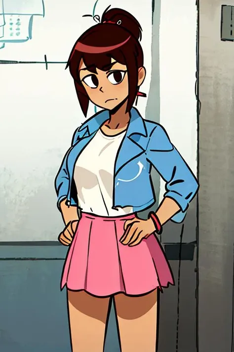((masterpiece,best quality)), absurdres,
<lora:Molly_McGee_v2:0.8> molly mcgee, 1girl, solo, brown hair, bracelet, pink skirt, blue denim jacket, pony tail, black spats, white shirt, brown eyes,