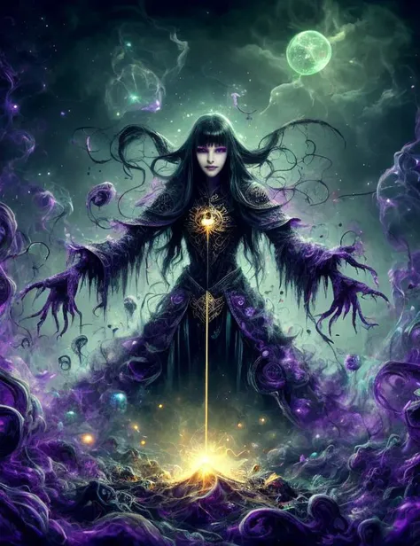 ((best quality)), ((masterpiece)), ((realistic,digital art)), (hyper detailed),female Demon, Malevolent supernatural being, evil, chaos, infernal, powerful entity, corrupt,harm full, fantasy, Teenager, Slim, Middle Easterner, Violet eyes,   Receding Chin,   Rounded Forehead, Square face shape with Round Forehead,   , Grey Wispy bangs hair, Guilt, Wand Waving, Swirling motions with a magical wand,  wearing Ethereal Ectoplasm Mystic Embroidered Leggings,  Enchanted Capes , , ,  Manifest (Whipping,Mystical,Vibrant,Magnetic Levitation Structural Support,Appliques Electric current,Time paradoxes,avalanche,Gaseous,Dodecahedron,Golden Spore Print,Amethyst Purple Spark,Hypnotic,Infuse ,Zigzag lines,Diagonal lines magic:1.0), Shrouding allies in protective auras, enhancing their defenses, Enchantment Aura, octane rendering, raytracing, volumetric lighting, Backlit,Rim Lighting, 8K, HDR,   <lora:Creepy_Nightmare_SD1.5_version:0.8>