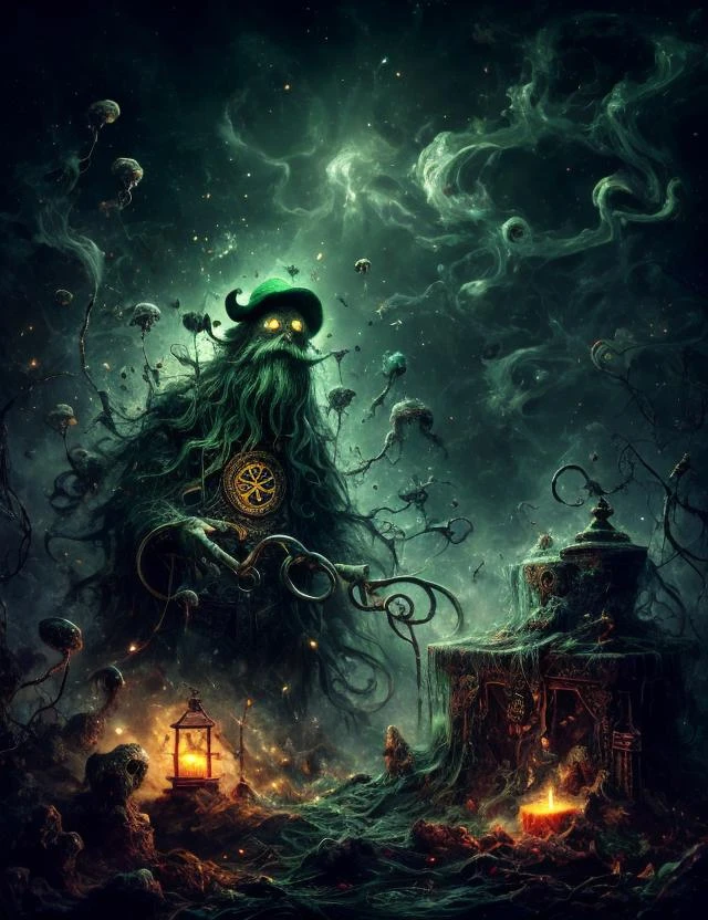 ((best quality)), ((masterpiece)), ((realistic,digital art)), (hyper detailed),male Leprechaun, mischievous, solitary,old men wearing green coats and buckled shoes, 3-4 feet tall, crafty and elusive, fantasy, Adolescence Graceful, African, Green eyes, Unusual Ears, Protruding Chin with Cleft, Smooth Cheeks, Zappa Mustache , Aqua Long and straight hair, Amusement,, Communicating with spirits through subtle gestures and movements, wearing Celestial Harem Pants, Celestial Mantle , , , and and and Enshroud (Gaseous,geyser,Pentagonal Prism,Circulation,Airbrush Electric current,Brownian motion,Seafoam Green,Blue Enchanted,Spark,Arcanum ,Octagon magic:1.0), Unraveling the intricacies of a magical curse, seeking its source, Astral Gleam, octane rendering, raytracing, volumetric lighting, Backlit,Rim Lighting, 8K, HDR, <lora:Creepy_Nightmare_SD1.5_version:0.8>