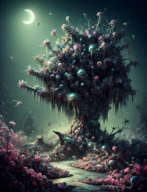 ((best quality)), ((masterpiece)), ((realistic,digital art)), (hyper detailed), Delicate ElectricBlue Suckering-spreading Lance-shaped plant, Quinacridone Magenta Anatropous Seeds, Blotchy, Ebracteolate, Basal, Tuberous root , octane rendering, raytracing, volumetric lighting, Backlit,Rim Lighting, 8K, HDR, <lora:Creepy_Nightmare_SD1.5_version:0.8>