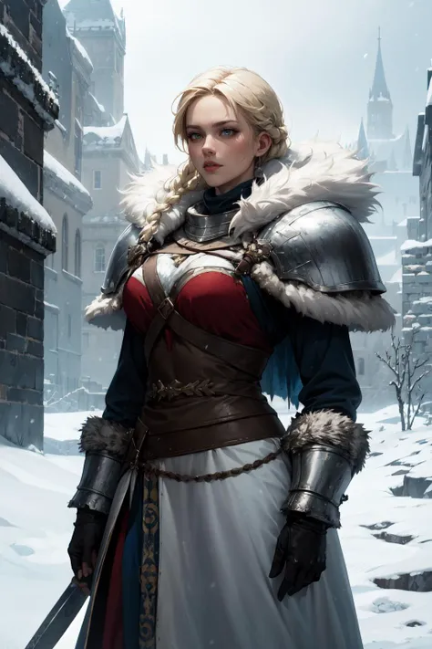 a woman in a medieval dress holding a sword in a snowy city