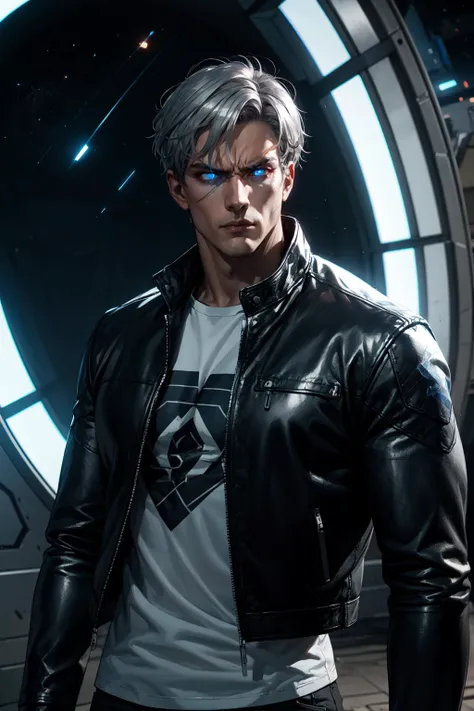 1boy, solo, multicolored hair, (dark brown and silver hair:1.3), staring unemotionally, he stared sternly and seemed angry, (muscled male:0.1), toned, casual wear, band shirt, black leather jacket, sci-fi, science fiction, large pyramid in the background, space portal, stargate, cowboy shot, glowing blue eyes, dark scene, volumetric lighting, ray traced, action shot, cinematic shot, cinematic angle,