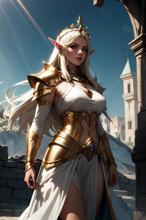 a woman in a white dress and gold armor standing in front of a stone wall